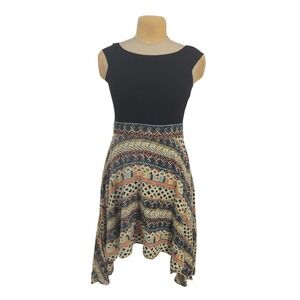 Label Ritu Kumar‎ Dress Women L Black Tribal Print Handkerchief Hem Boho Casual